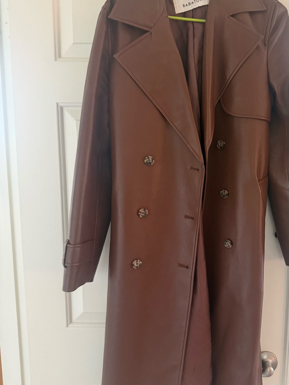 Babaton Brown Faux Leather Double-Breasted Coat